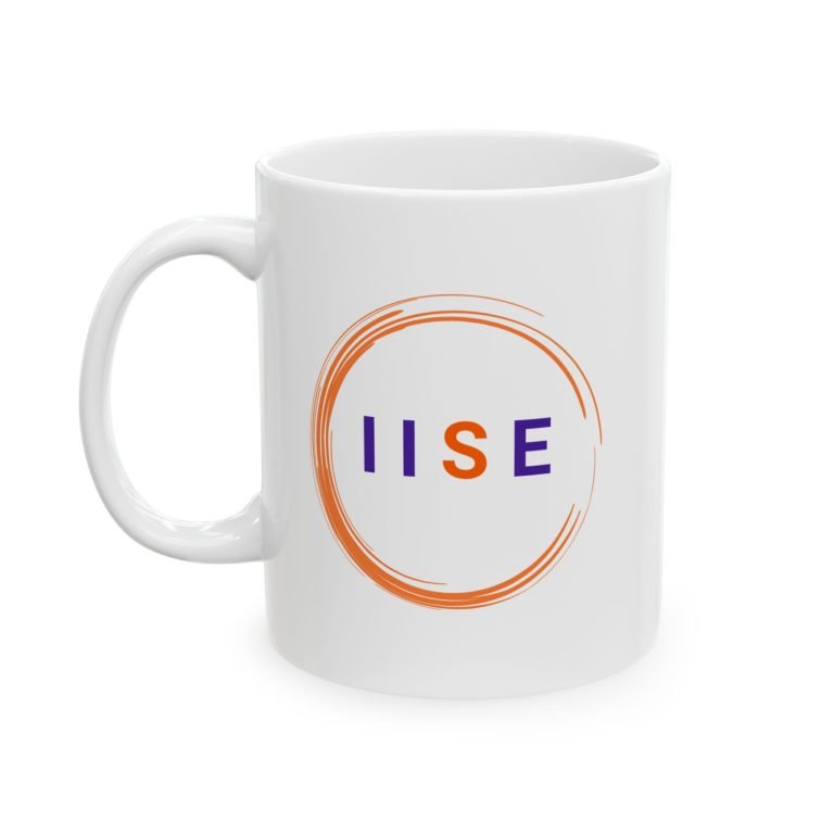 White ceramic mug with the IISE logo