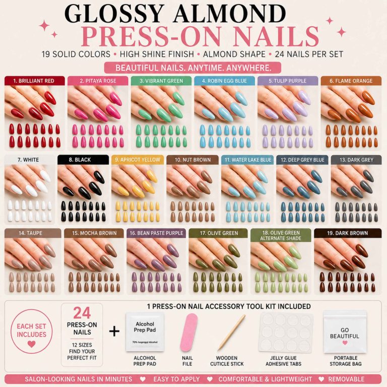 Fall colored press-on nails with a manicure kit